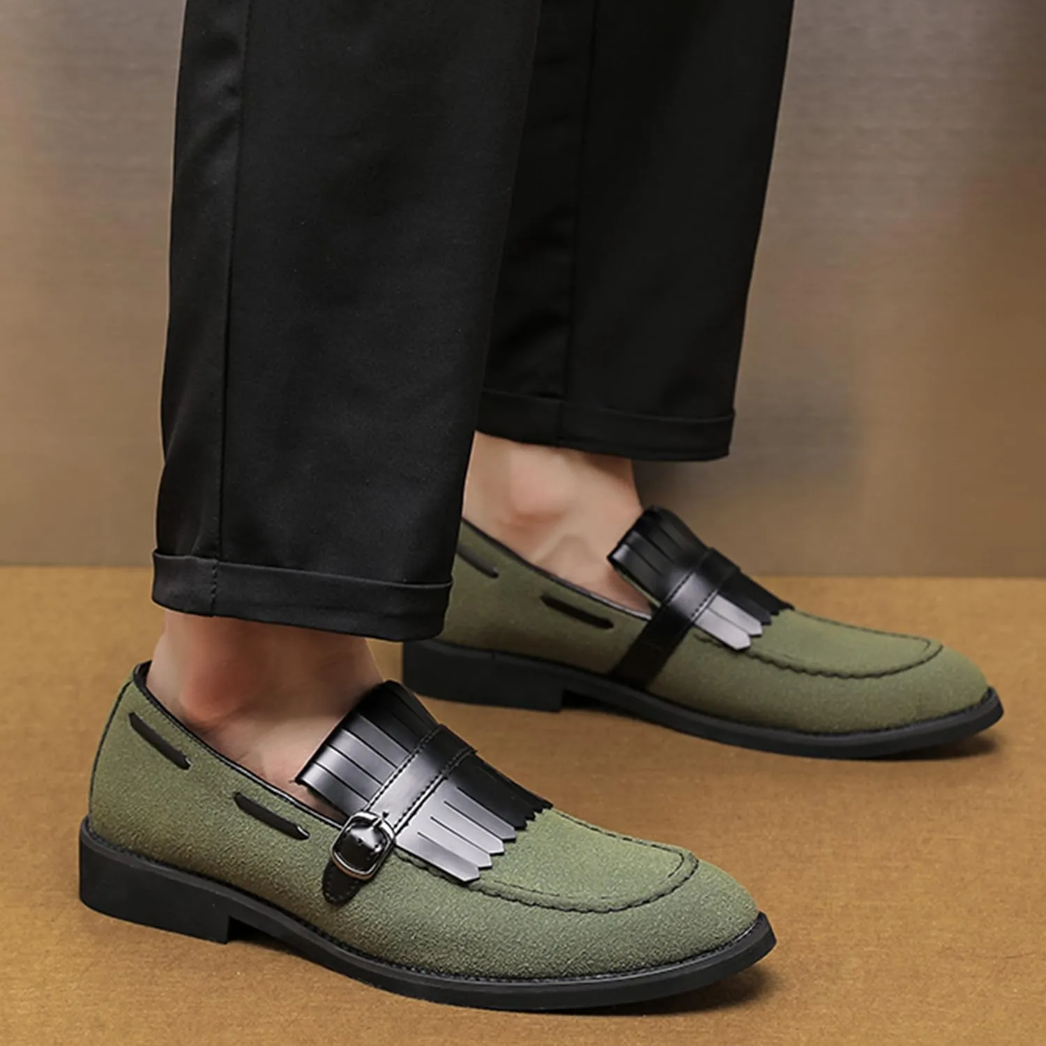 Men's Suede Penny Loafers Classic Slip on Leather Loafers with Fringe Buckle Detail Light Gray and Black Fashion Casual Wedding Dress Shoes