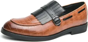 Men's Suede Penny Loafers Classic Slip on Leather Loafers with Fringe Buckle Detail Light Gray and Black Fashion Casual Wedding Dress Shoes