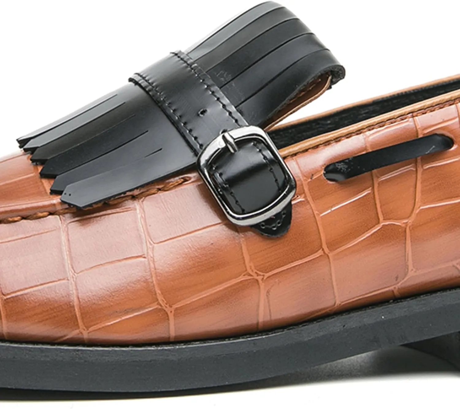 Men's Suede Penny Loafers Classic Slip on Leather Loafers with Fringe Buckle Detail Light Gray and Black Fashion Casual Wedding Dress Shoes