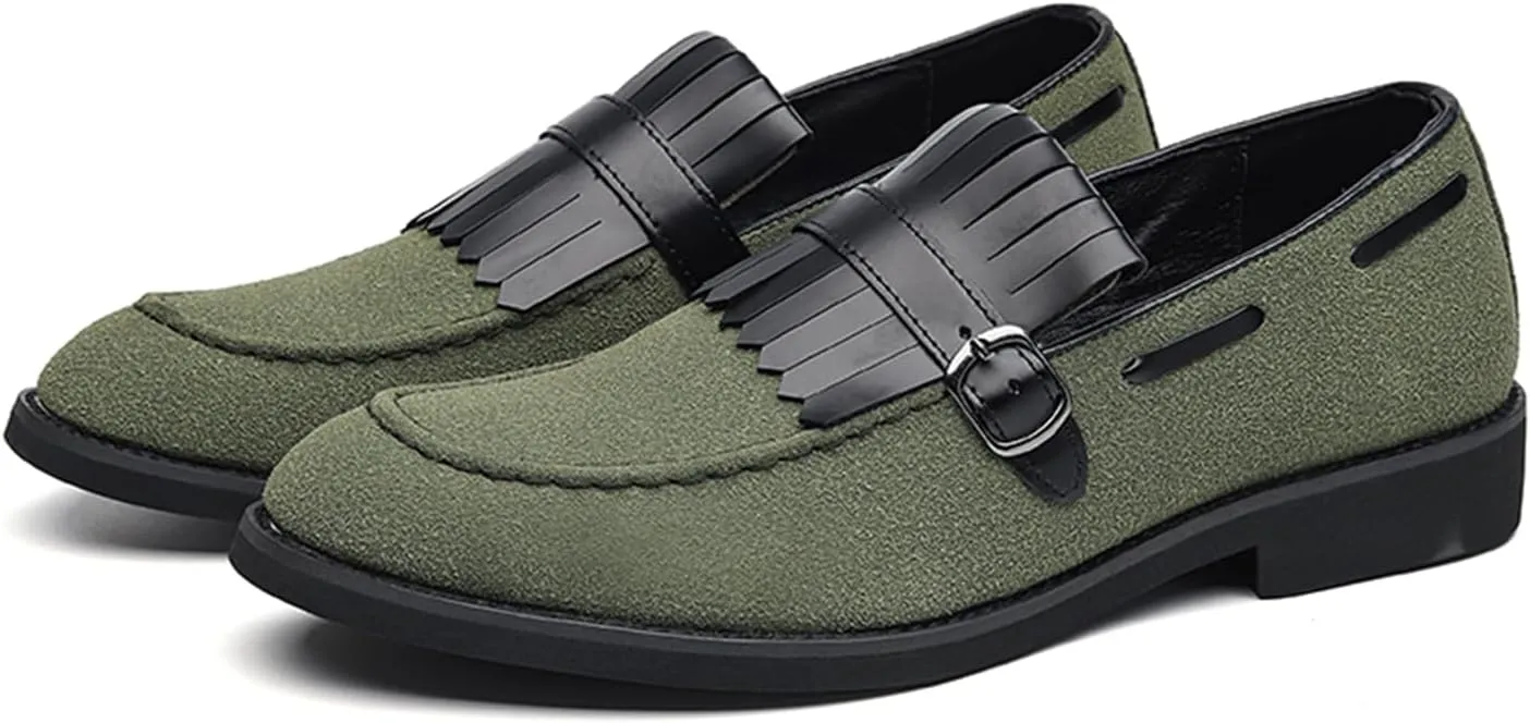 Men's Suede Penny Loafers Classic Slip on Leather Loafers with Fringe Buckle Detail Light Gray and Black Fashion Casual Wedding Dress Shoes