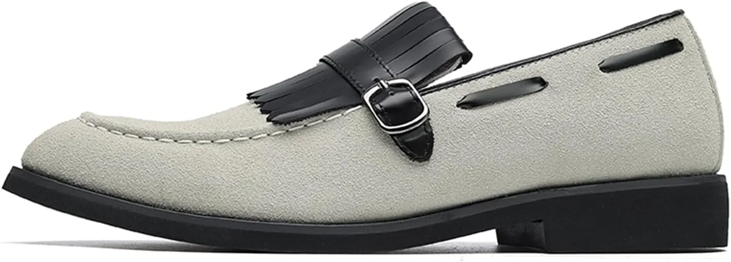 Men's Suede Penny Loafers Classic Slip on Leather Loafers with Fringe Buckle Detail Light Gray and Black Fashion Casual Wedding Dress Shoes