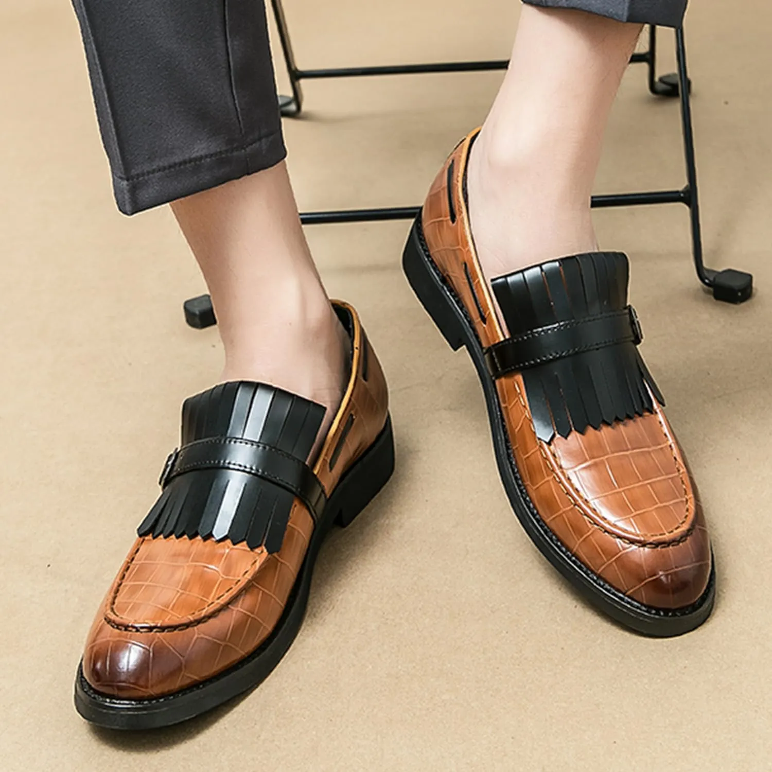 Men's Suede Penny Loafers Classic Slip on Leather Loafers with Fringe Buckle Detail Light Gray and Black Fashion Casual Wedding Dress Shoes