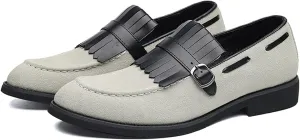 Men's Suede Penny Loafers Classic Slip on Leather Loafers with Fringe Buckle Detail Light Gray and Black Fashion Casual Wedding Dress Shoes