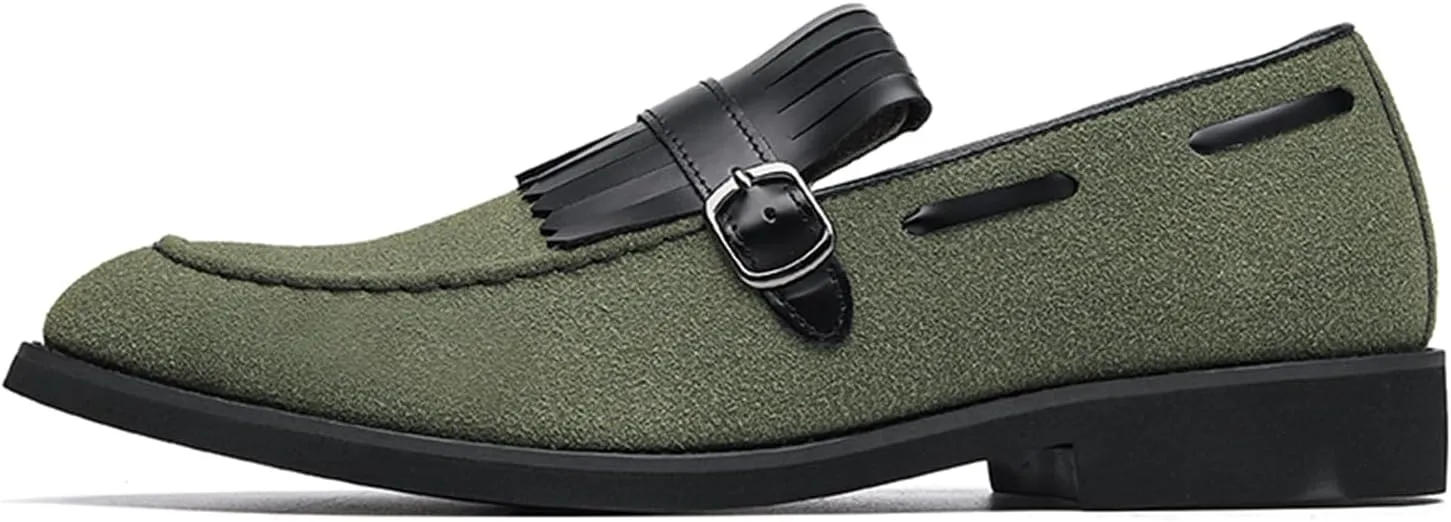 Men's Suede Penny Loafers Classic Slip on Leather Loafers with Fringe Buckle Detail Light Gray and Black Fashion Casual Wedding Dress Shoes