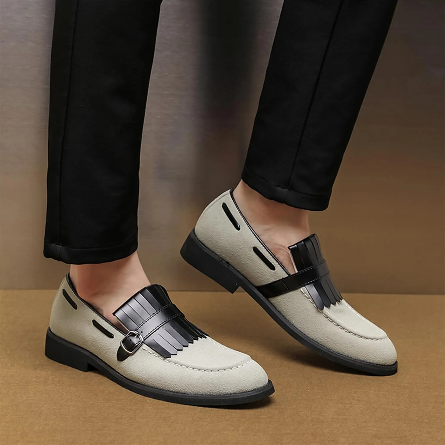 Men's Suede Penny Loafers Classic Slip on Leather Loafers with Fringe Buckle Detail Light Gray and Black Fashion Casual Wedding Dress Shoes