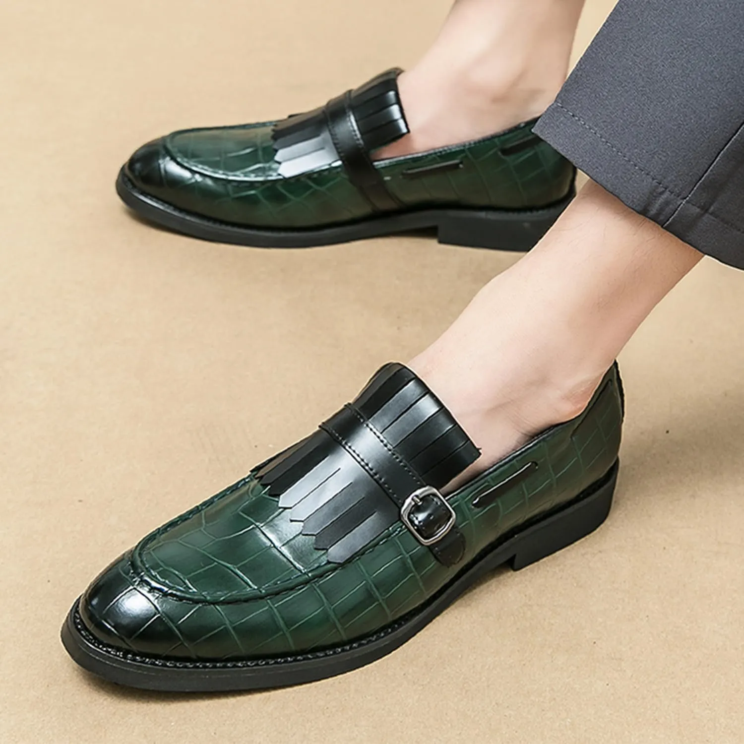 Men's Suede Penny Loafers Classic Slip on Leather Loafers with Fringe Buckle Detail Light Gray and Black Fashion Casual Wedding Dress Shoes