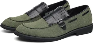 Men's Suede Penny Loafers Classic Slip on Leather Loafers with Fringe Buckle Detail Light Gray and Black Fashion Casual Wedding Dress Shoes