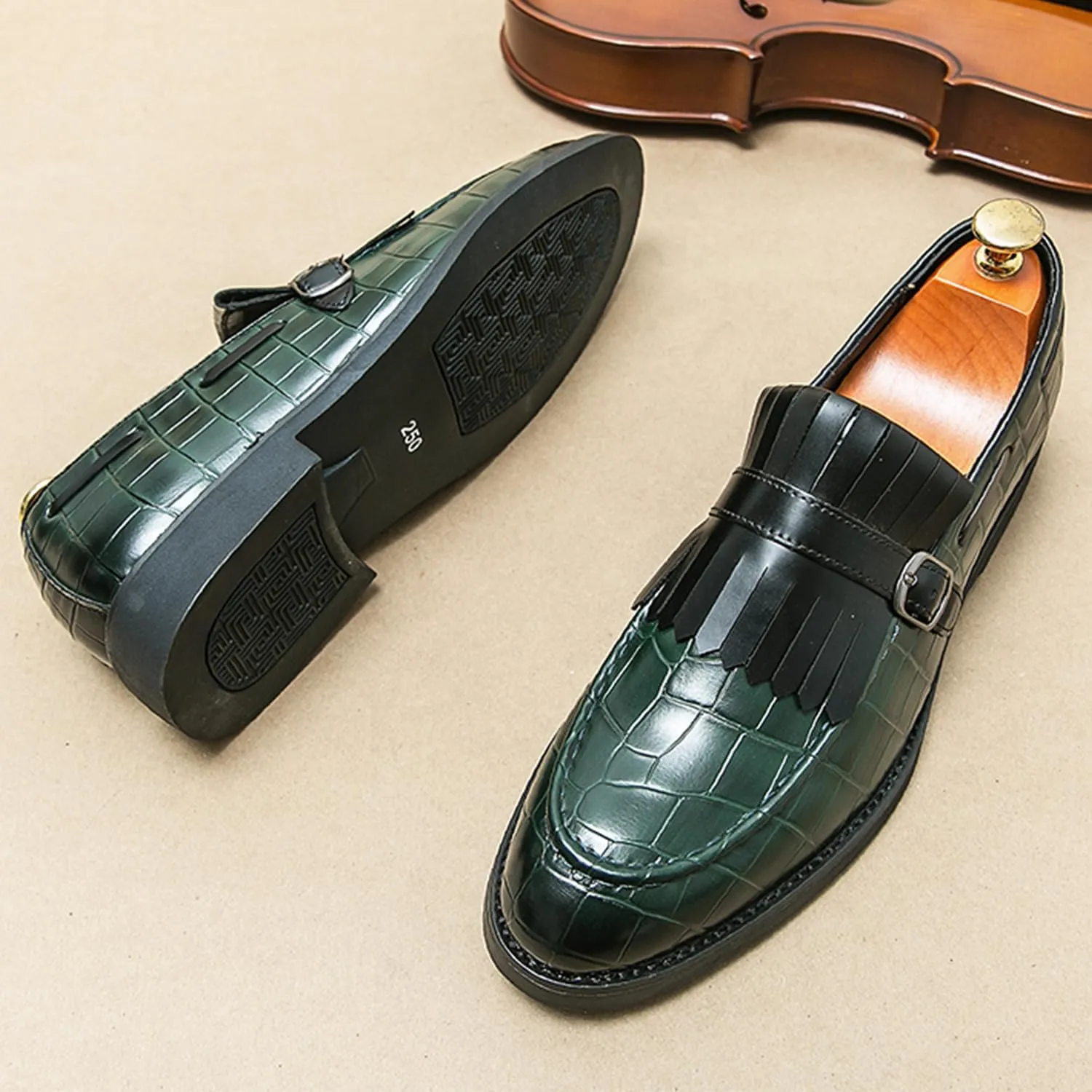 Men's Suede Penny Loafers Classic Slip on Leather Loafers with Fringe Buckle Detail Light Gray and Black Fashion Casual Wedding Dress Shoes