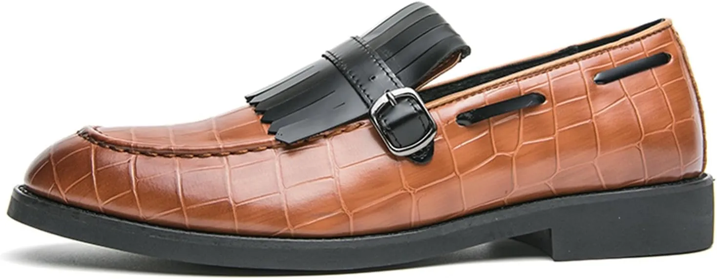 Men's Suede Penny Loafers Classic Slip on Leather Loafers with Fringe Buckle Detail Light Gray and Black Fashion Casual Wedding Dress Shoes