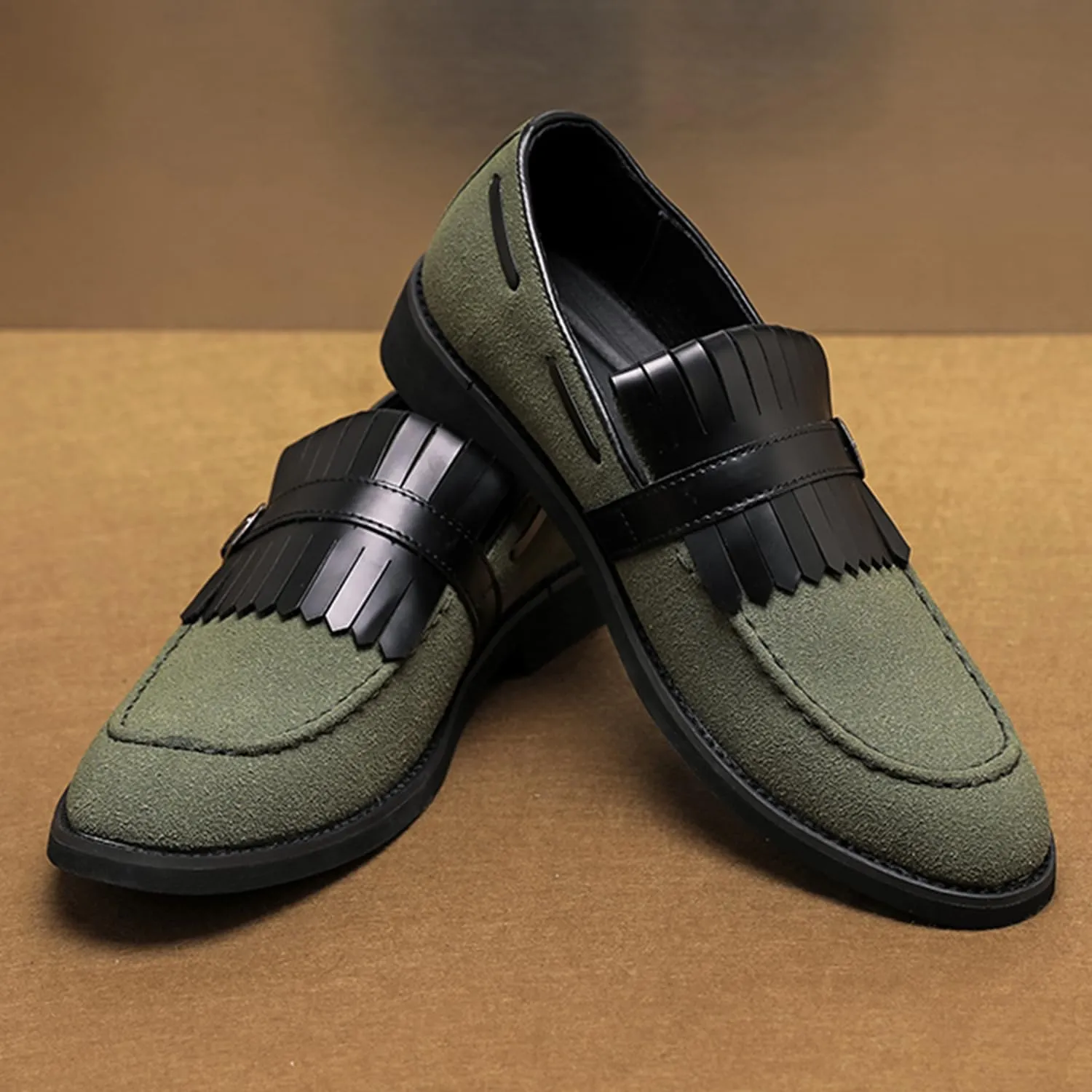 Men's Suede Penny Loafers Classic Slip on Leather Loafers with Fringe Buckle Detail Light Gray and Black Fashion Casual Wedding Dress Shoes