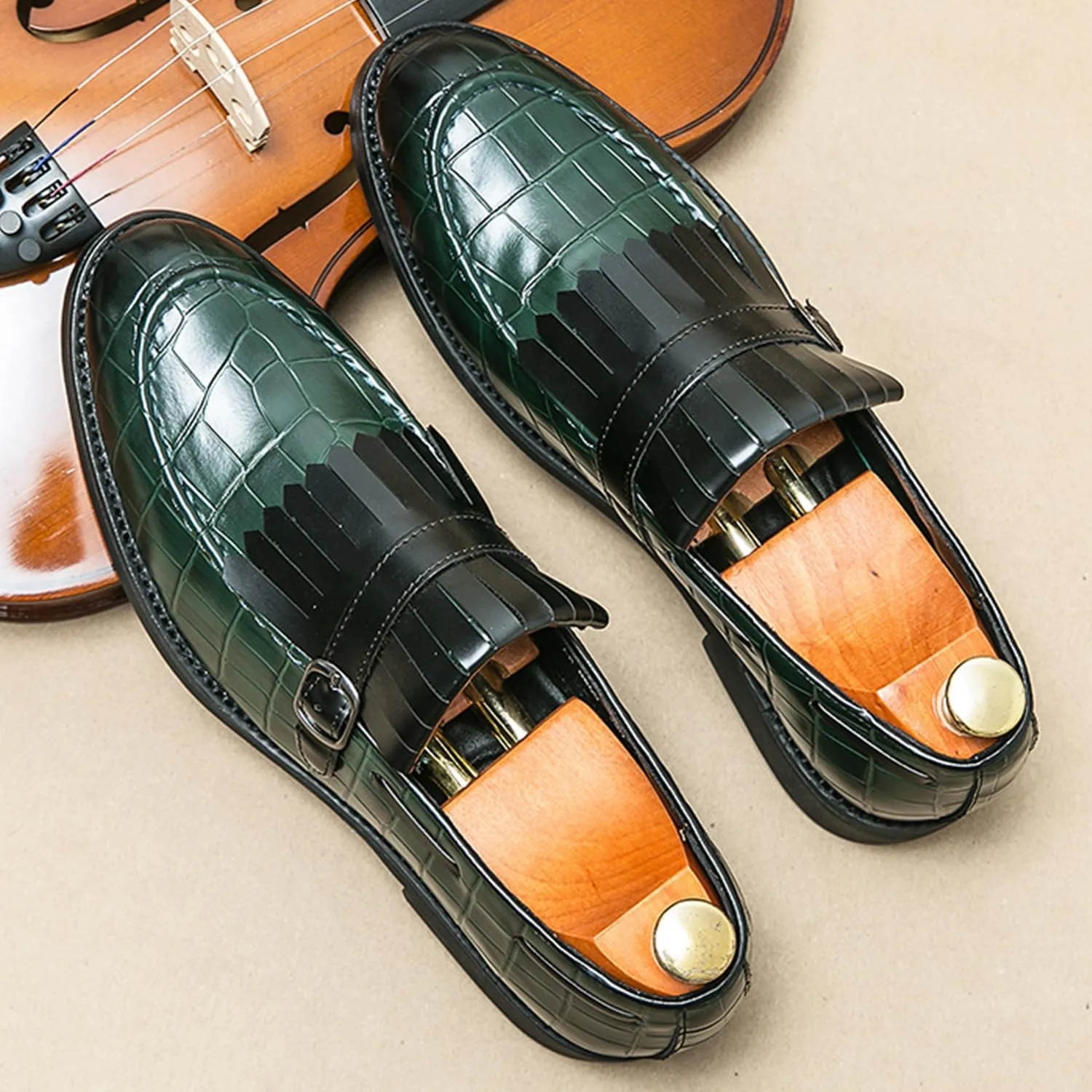Men's Suede Penny Loafers Classic Slip on Leather Loafers with Fringe Buckle Detail Light Gray and Black Fashion Casual Wedding Dress Shoes