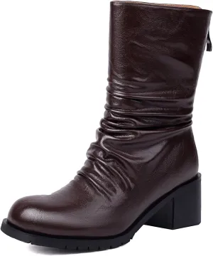 Mid Calf Boot for Women Low Chunky Block Heel Boots Round Toe Slouch Boots