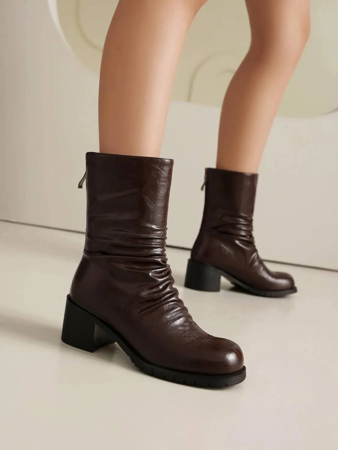 Mid Calf Boot for Women Low Chunky Block Heel Boots Round Toe Slouch Boots