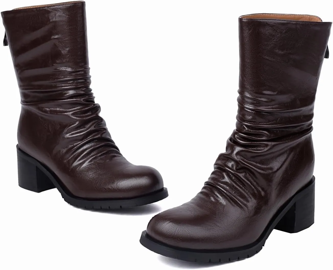 Mid Calf Boot for Women Low Chunky Block Heel Boots Round Toe Slouch Boots
