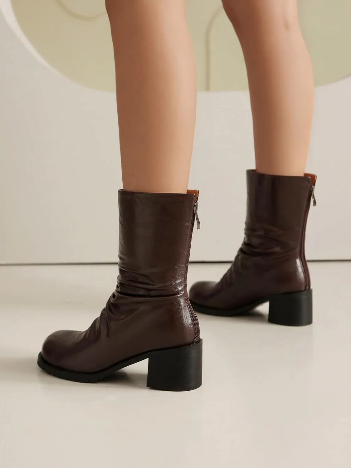 Mid Calf Boot for Women Low Chunky Block Heel Boots Round Toe Slouch Boots
