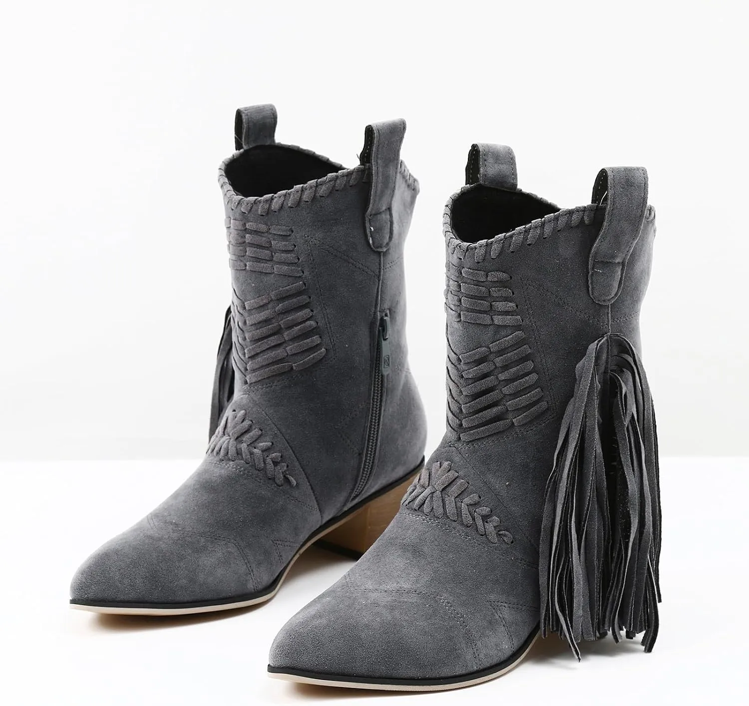 Mid Calf Boots for Women Ankle Boots Tassel Pointed Toe Chunky Heel Side Zipper Boots Casual Classic Mid Calf Boots