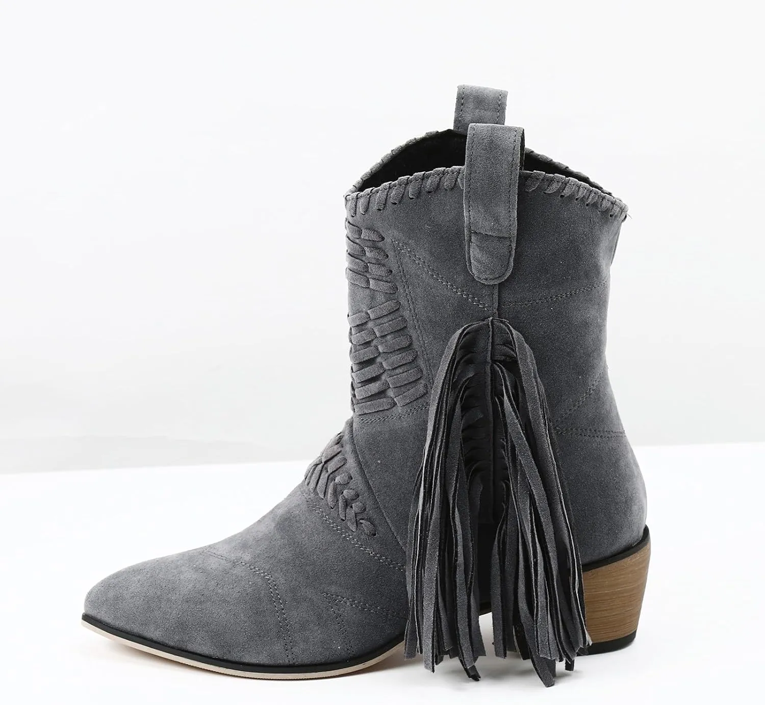 Mid Calf Boots for Women Ankle Boots Tassel Pointed Toe Chunky Heel Side Zipper Boots Casual Classic Mid Calf Boots