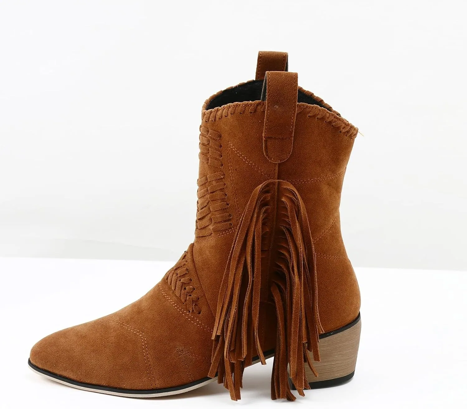 Mid Calf Boots for Women Ankle Boots Tassel Pointed Toe Chunky Heel Side Zipper Boots Casual Classic Mid Calf Boots