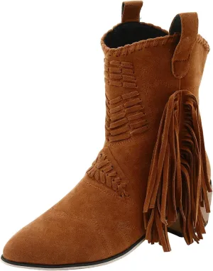 Mid Calf Boots for Women Ankle Boots Tassel Pointed Toe Chunky Heel Side Zipper Boots Casual Classic Mid Calf Boots