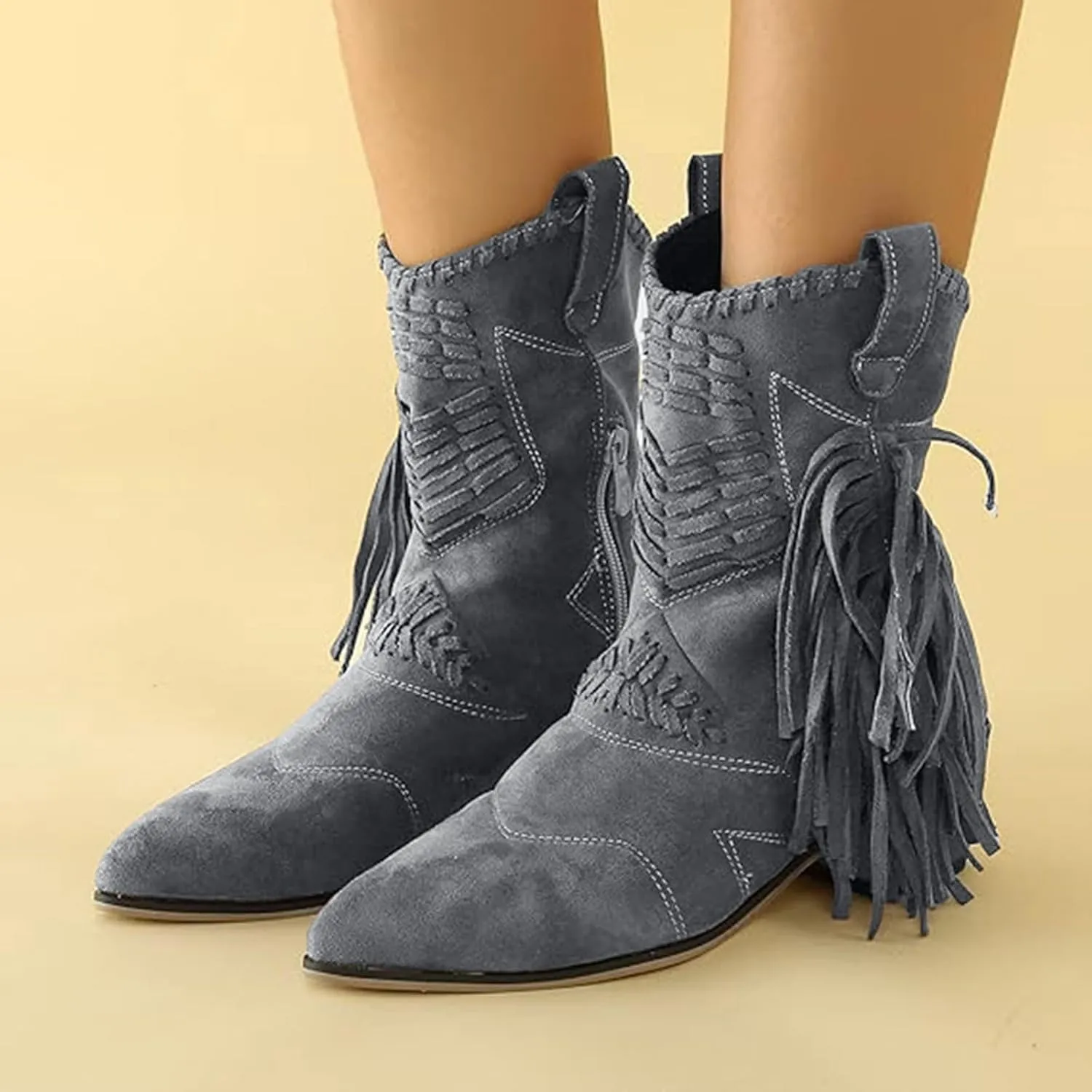 Mid Calf Boots for Women Ankle Boots Tassel Pointed Toe Chunky Heel Side Zipper Boots Casual Classic Mid Calf Boots