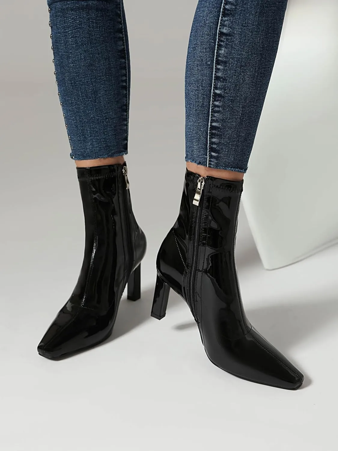Mofirdast Women's Mid Calf Boots Comfy Square Closed Toe Stiletto High Heel Boot Zipper Short Ankle Booties