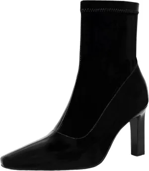 Mofirdast Women's Mid Calf Boots Comfy Square Closed Toe Stiletto High Heel Boot Zipper Short Ankle Booties
