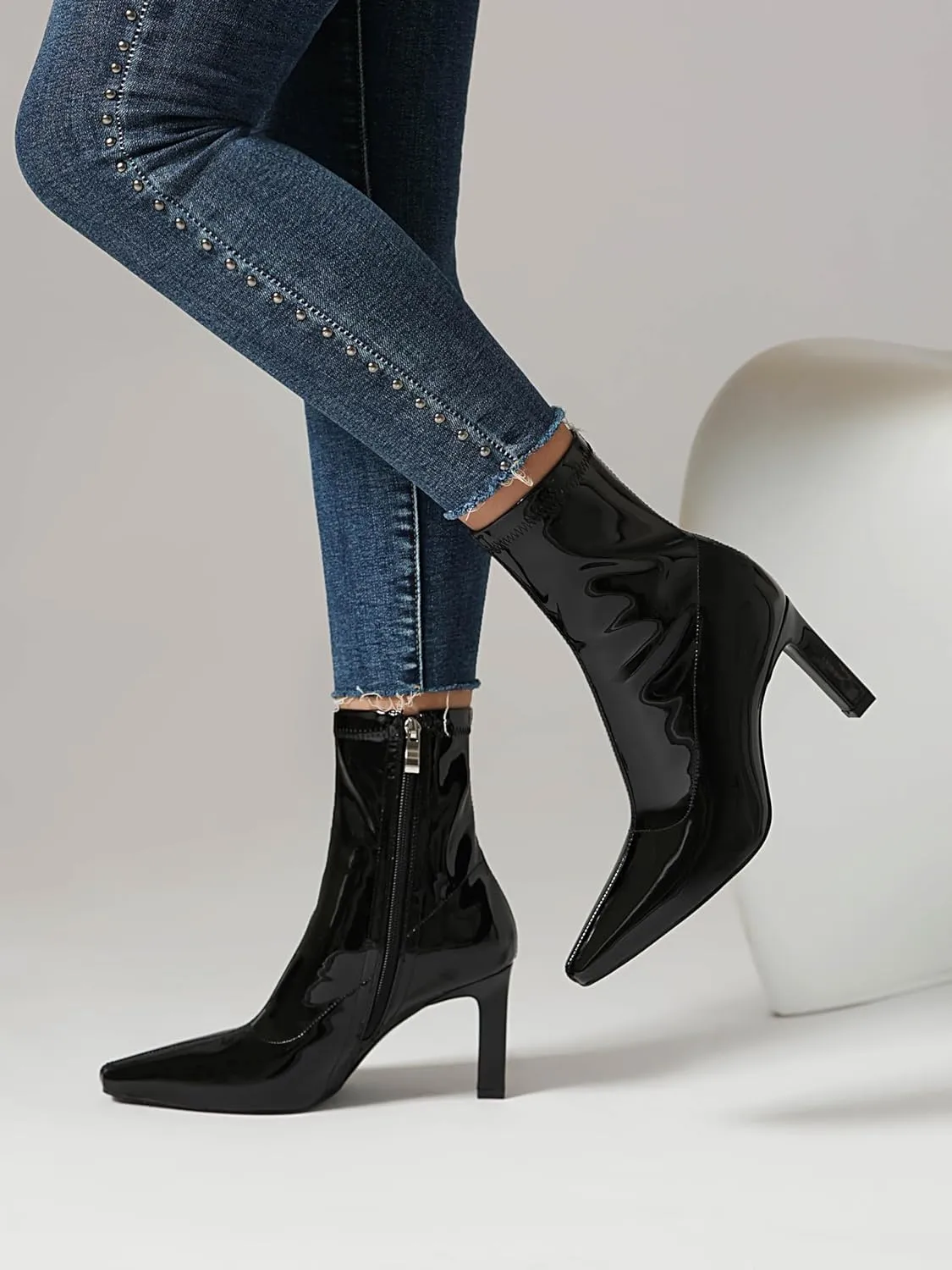 Mofirdast Women's Mid Calf Boots Comfy Square Closed Toe Stiletto High Heel Boot Zipper Short Ankle Booties