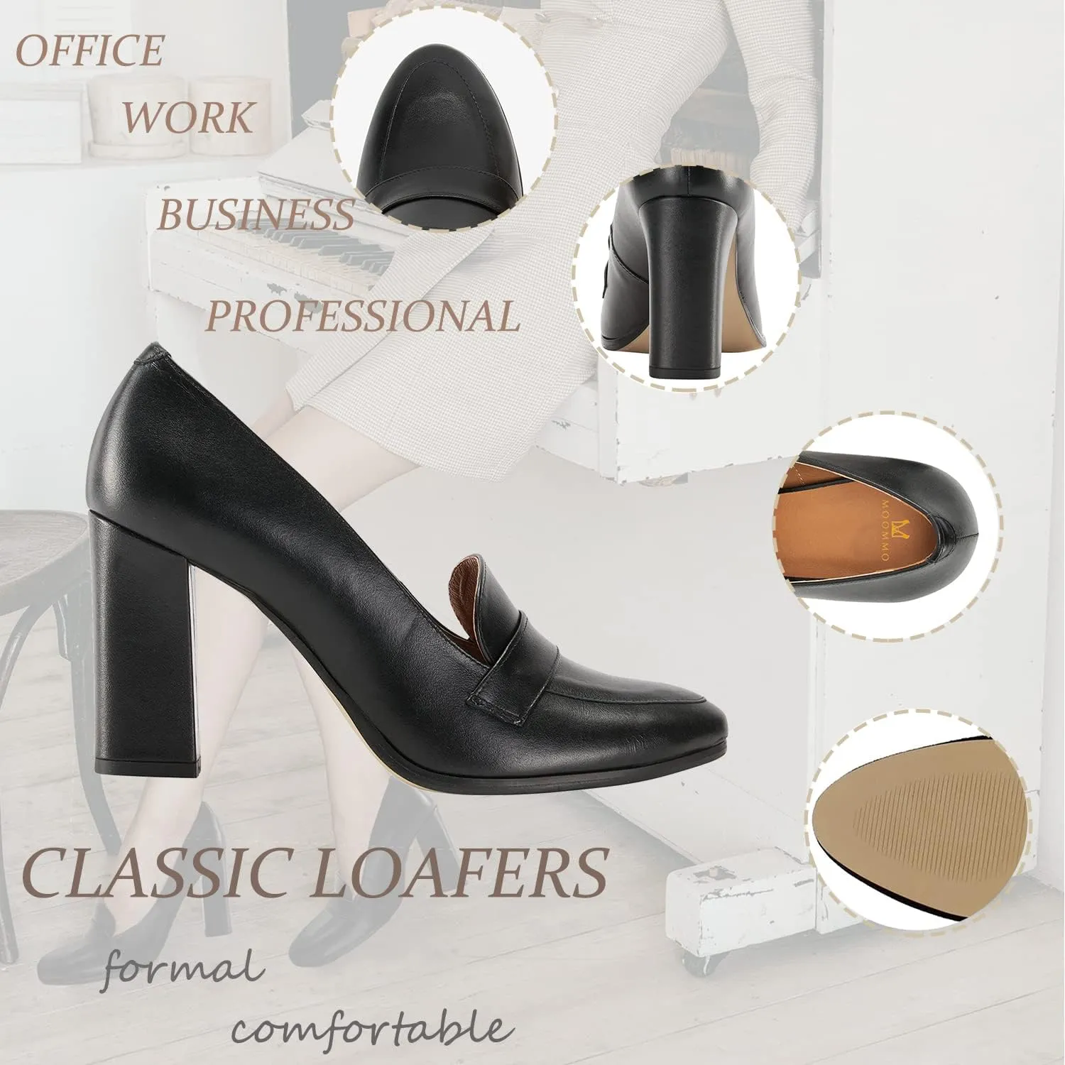 MOOMMO Women Chunky Block Heel Pumps Round Closed Toe Slip On Oxford Loafers Shoes High Heels Snakeskin Work Pump Suede Loafer for Office Ladies Classic Formal Business Professional 4-13 M US