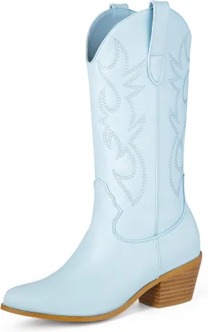 MUCCCUTE Cowboy Boots for Women Cowgirl Boots Wide Calf Pointed Toe Embroidered Fashion Western Chunky Pull On