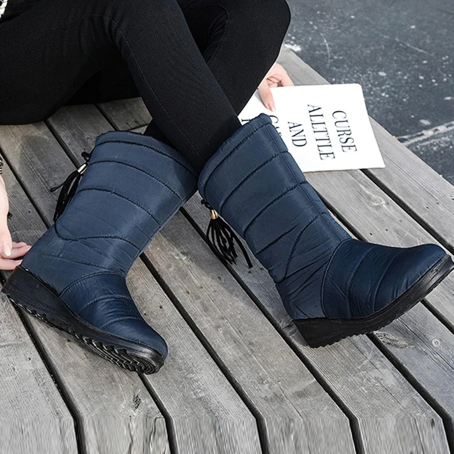 oiangi Snow Boots for Women Winter High Tube Fringed Round Toe Warm Waterproof Cloth Mid-Calf Boot Comfortable Stretch Slip-On Wedges Casual Shoes