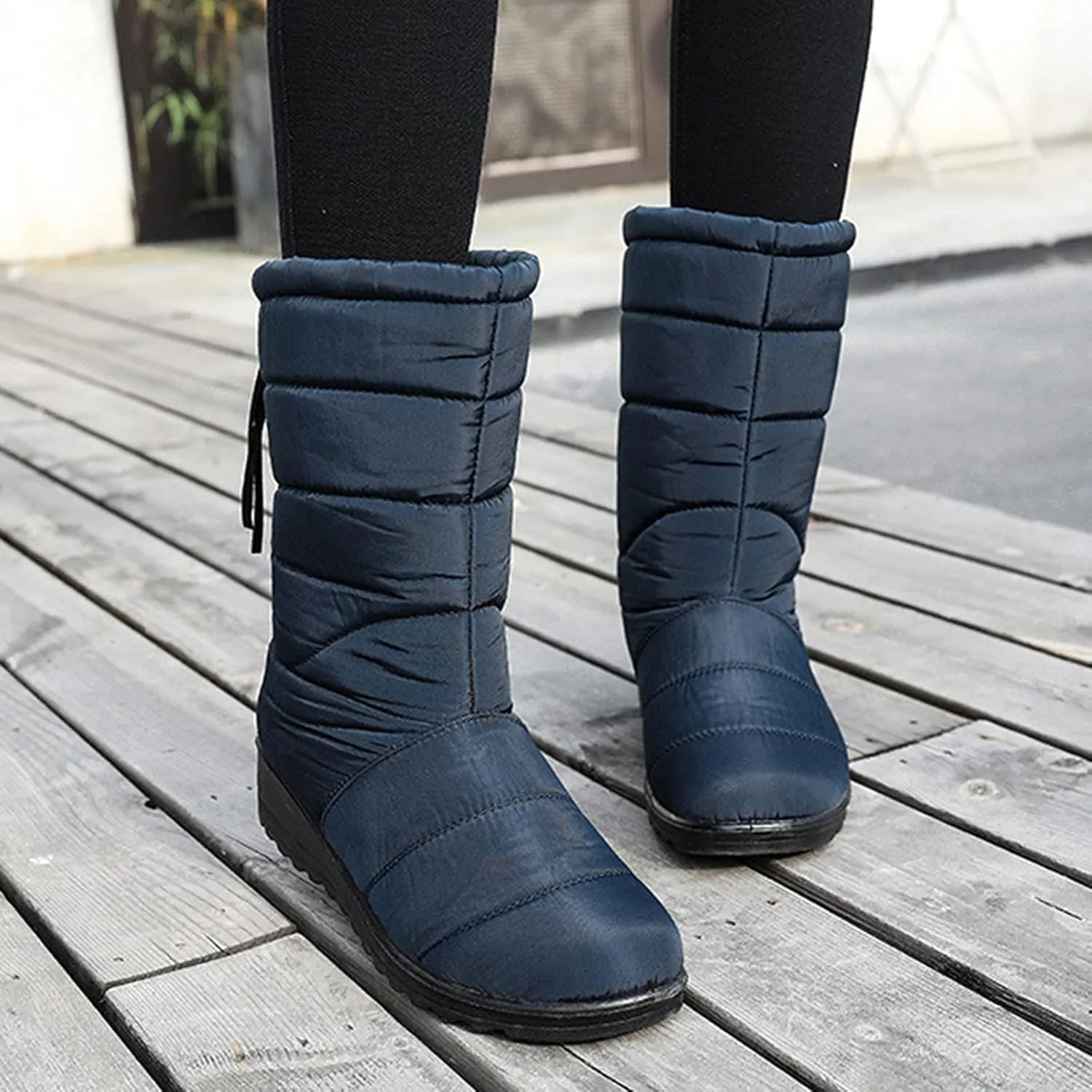 oiangi Snow Boots for Women Winter High Tube Fringed Round Toe Warm Waterproof Cloth Mid-Calf Boot Comfortable Stretch Slip-On Wedges Casual Shoes