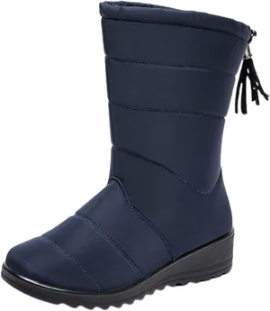 oiangi Snow Boots for Women Winter High Tube Fringed Round Toe Warm Waterproof Cloth Mid-Calf Boot Comfortable Stretch Slip-On Wedges Casual Shoes