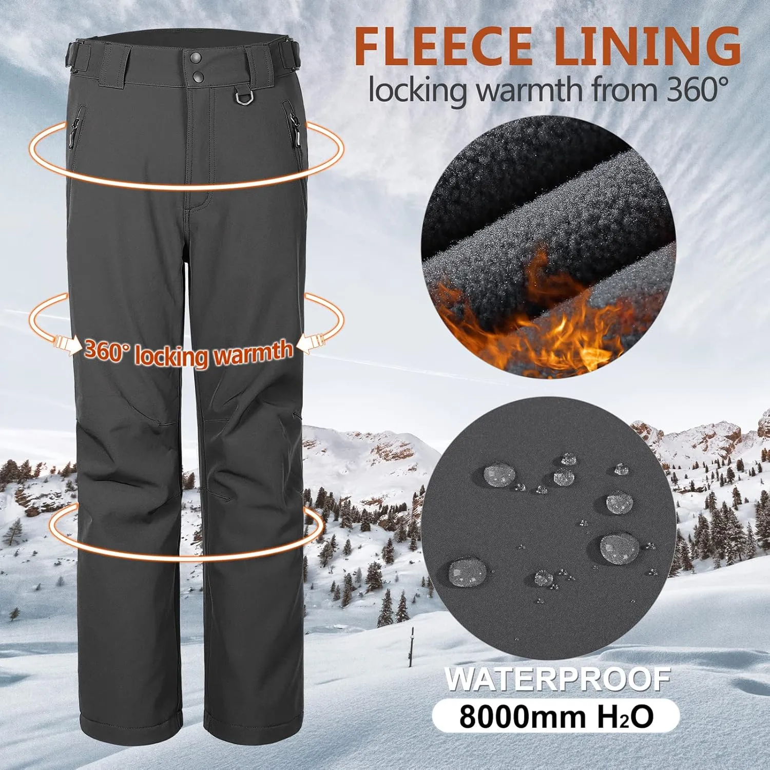 Outdoor Ventures Men's Lite Waterproof Windproof Fleece Lined Warm Hiking Ski Snow Pants Expandable-Waist