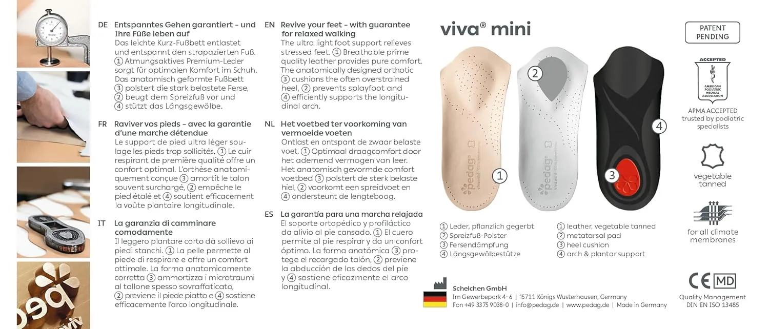Pedag Viva Mini | 3/4 Leather Arch Support Inserts | Handmade in Germany | Plantar Fasciitis Relief | Heel Cushion | Metatarsal Support Pad | Low Profile Shoe Insoles | Tan | Men US 15/ EU 48