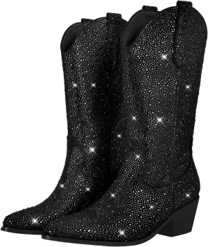 richealnini Cowboy Boots for Women Embroidered Pull-On Mid Calf Booties