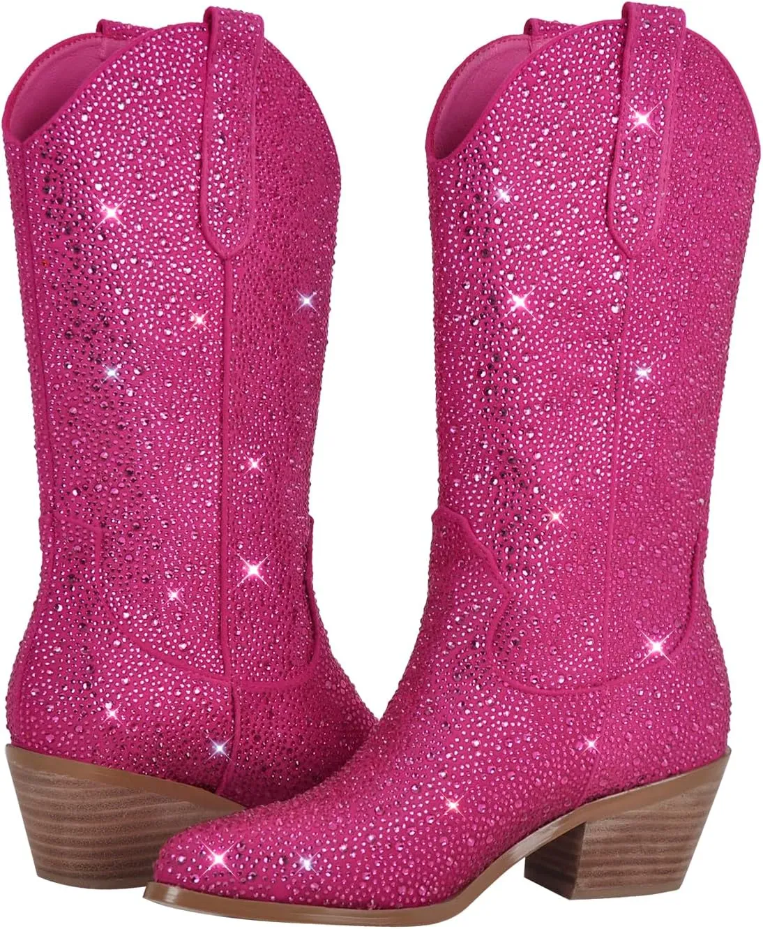 richealnini Cowboy Boots for Women Embroidered Pull-On Mid Calf Booties