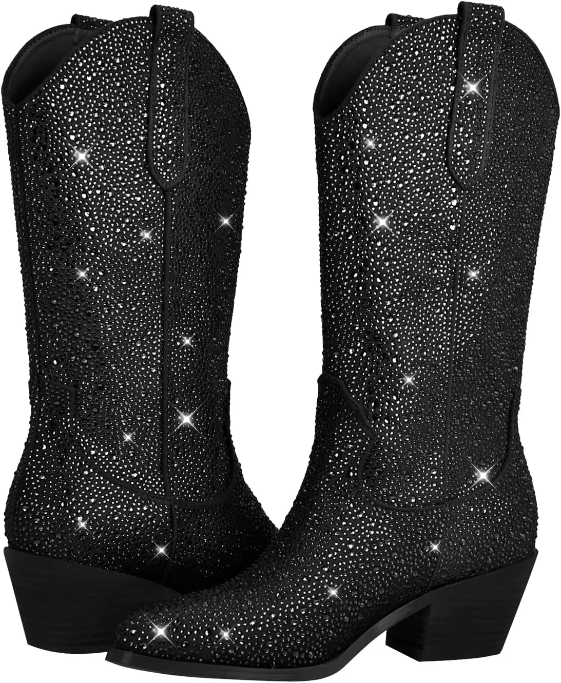 richealnini Cowboy Boots for Women Embroidered Pull-On Mid Calf Booties