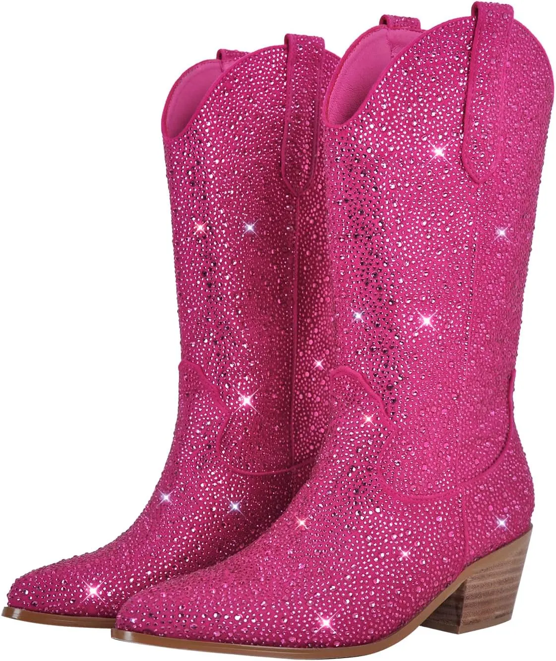 richealnini Cowboy Boots for Women Embroidered Pull-On Mid Calf Booties