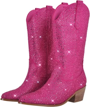 richealnini Cowboy Boots for Women Embroidered Pull-On Mid Calf Booties