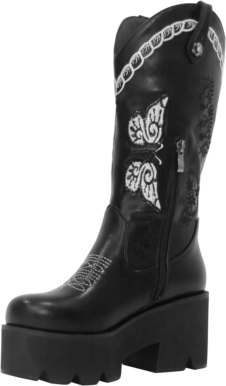 richealnini Mid Calf Boots for Women Embroidered Pull-On Knee High Booties