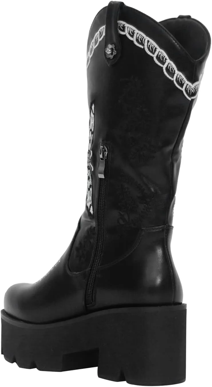 richealnini Mid Calf Boots for Women Embroidered Pull-On Knee High Booties