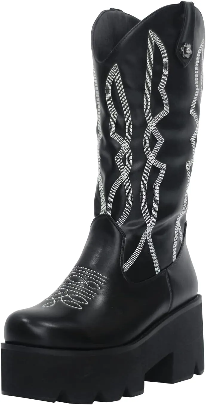 richealnini Mid Calf Boots for Women Embroidered Pull-On Knee High Booties