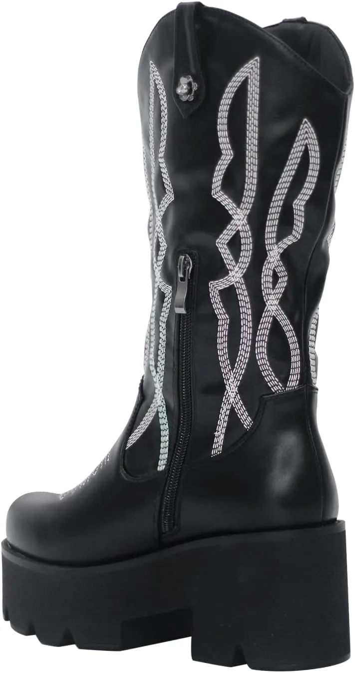 richealnini Mid Calf Boots for Women Embroidered Pull-On Knee High Booties