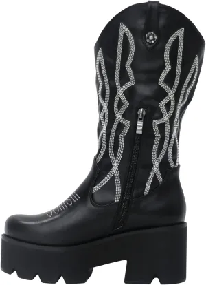 richealnini Mid Calf Boots for Women Embroidered Pull-On Knee High Booties