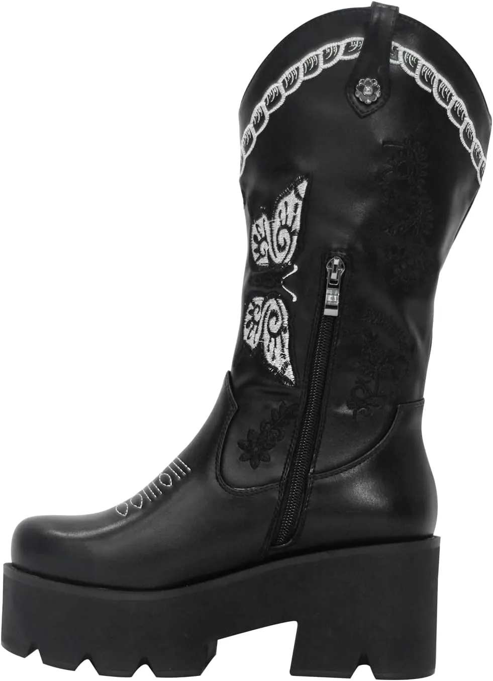richealnini Mid Calf Boots for Women Embroidered Pull-On Knee High Booties