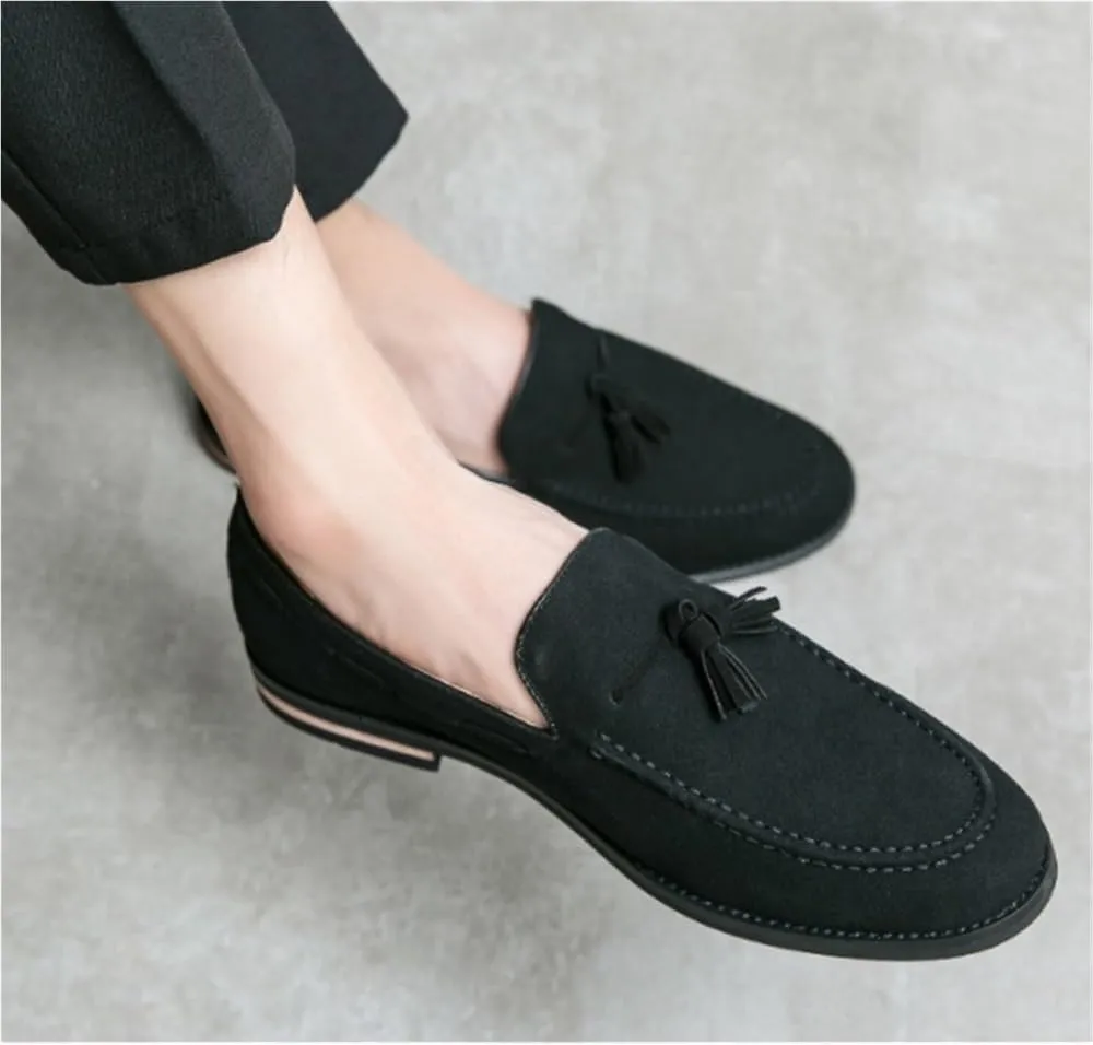 Round Toe Suede Vamp with Tassel Loafer Men's Slip on Casual Non-Slip Low Block Heel Work Shoes
