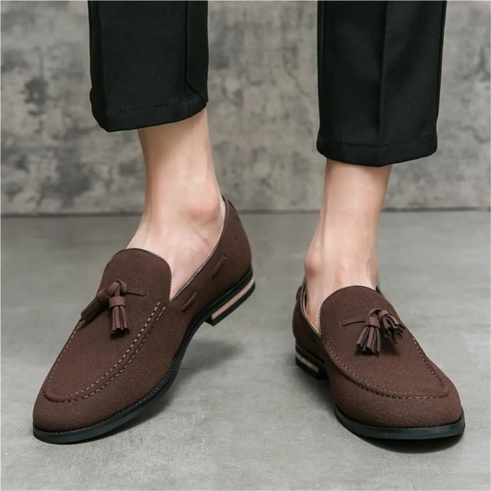 Round Toe Suede Vamp with Tassel Loafer Men's Slip on Casual Non-Slip Low Block Heel Work Shoes