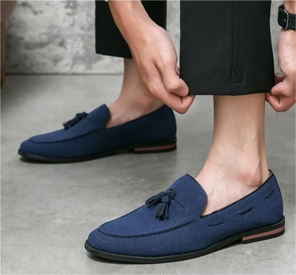 Round Toe Suede Vamp with Tassel Loafer Men's Slip on Casual Non-Slip Low Block Heel Work Shoes