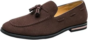 Round Toe Suede Vamp with Tassel Loafer Men's Slip on Casual Non-Slip Low Block Heel Work Shoes