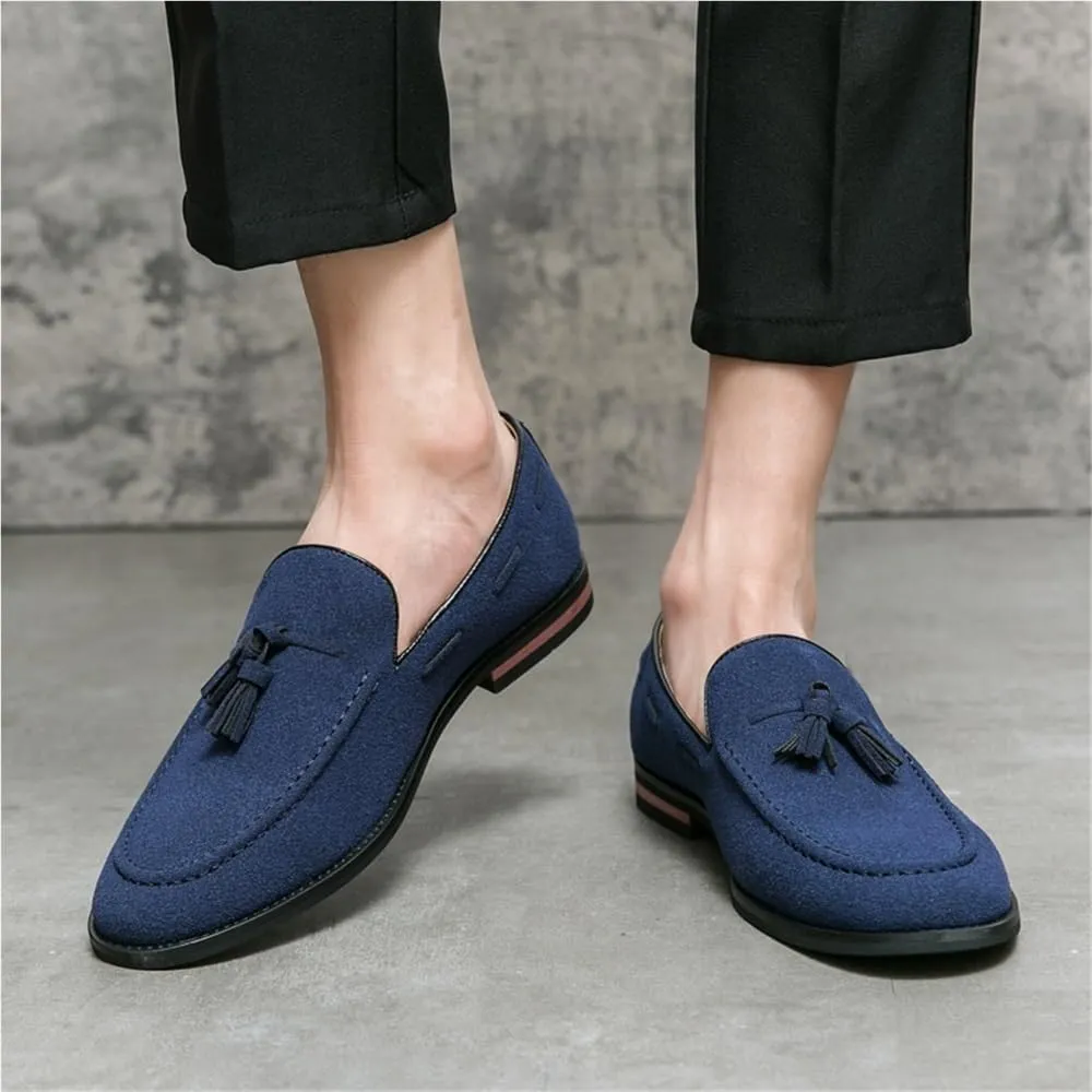 Round Toe Suede Vamp with Tassel Loafer Men's Slip on Casual Non-Slip Low Block Heel Work Shoes